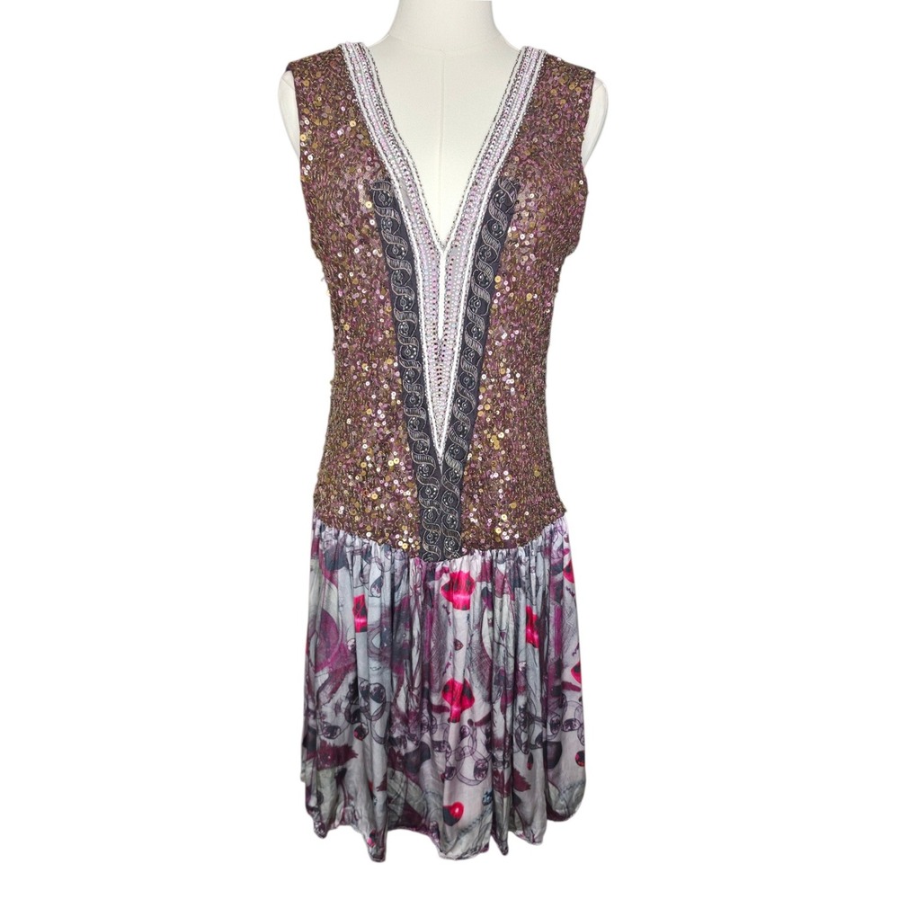 Vintage Custo Barcelona‎ Y2K Sequin Drop Waist Flapper Dress Pop Art Lip Print 6